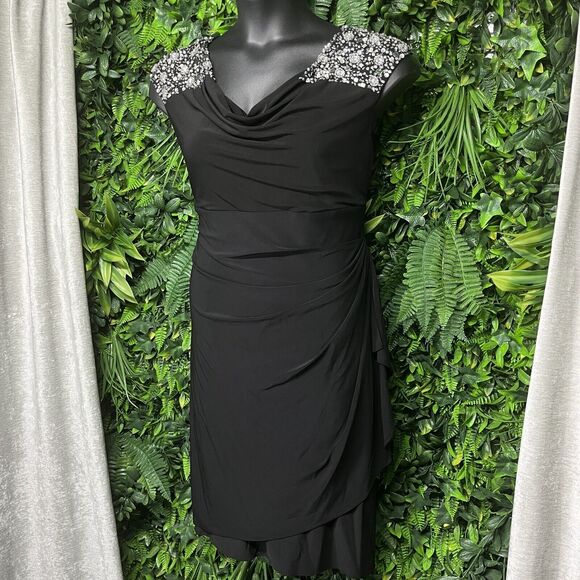 Alex Evenings Dress 14P Black‎ Rhinestone Cowl Neck Cocktail Party 1719 - Picture 1 of 13
